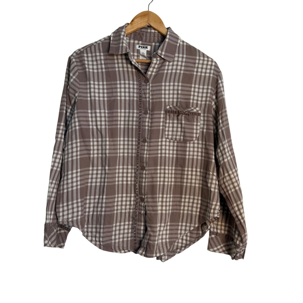 PINK Victoria's Secret Plaid Button Down Pajama Top Brown Womens Medium Coquette